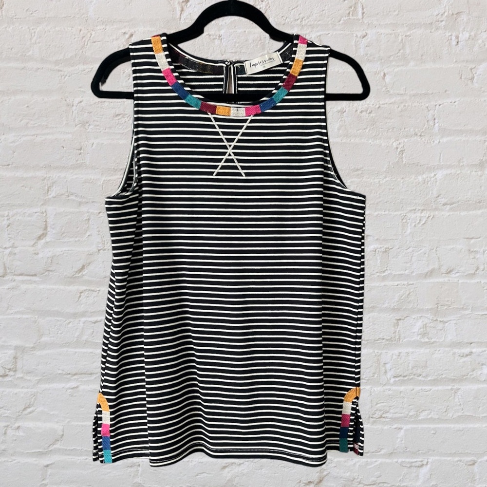 Impressions Tank Top Medium Black White Stripe Embroidered High Quality EUC